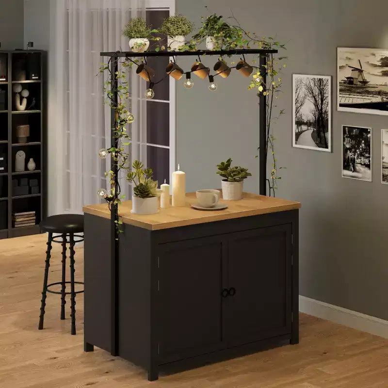 Series Panel Island Cabinet: 41 Inches, Vintage White Body with Natural Wood Top, Ideal for Kitchen Storage & Dining Area Use