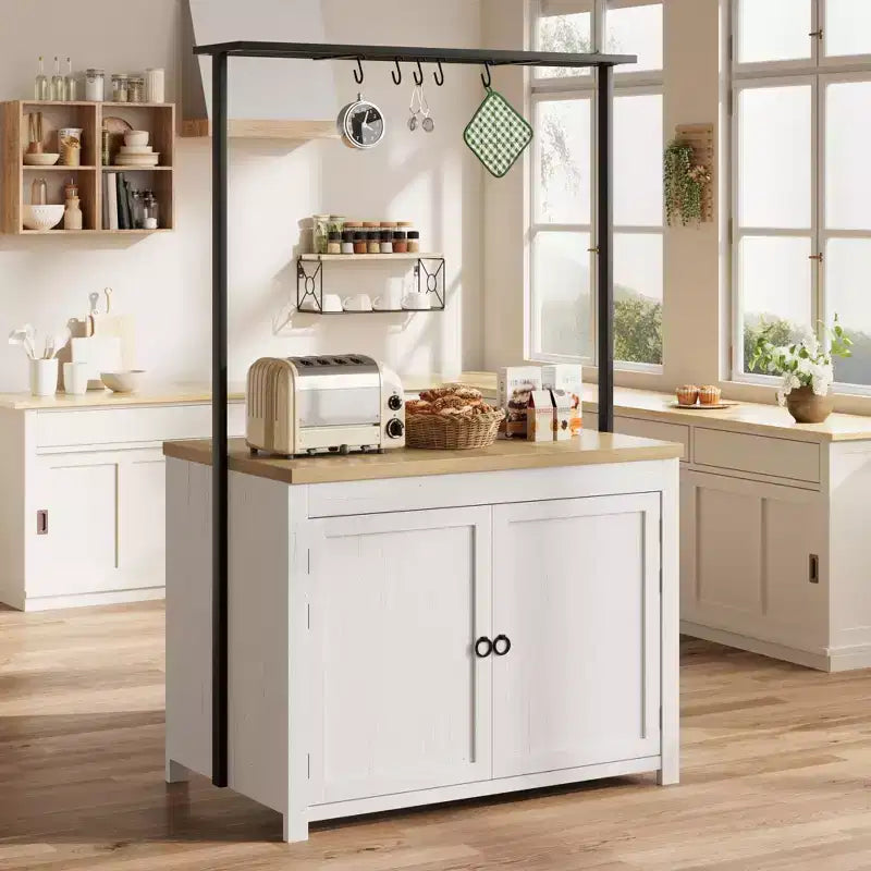 Mobile Isola a Pannello Serie: 104 cm, Corpo Bianco Vintage con Piano in Legno Naturale, Ideale per Contenitori da Cucina e Uso in Zona Pranzo