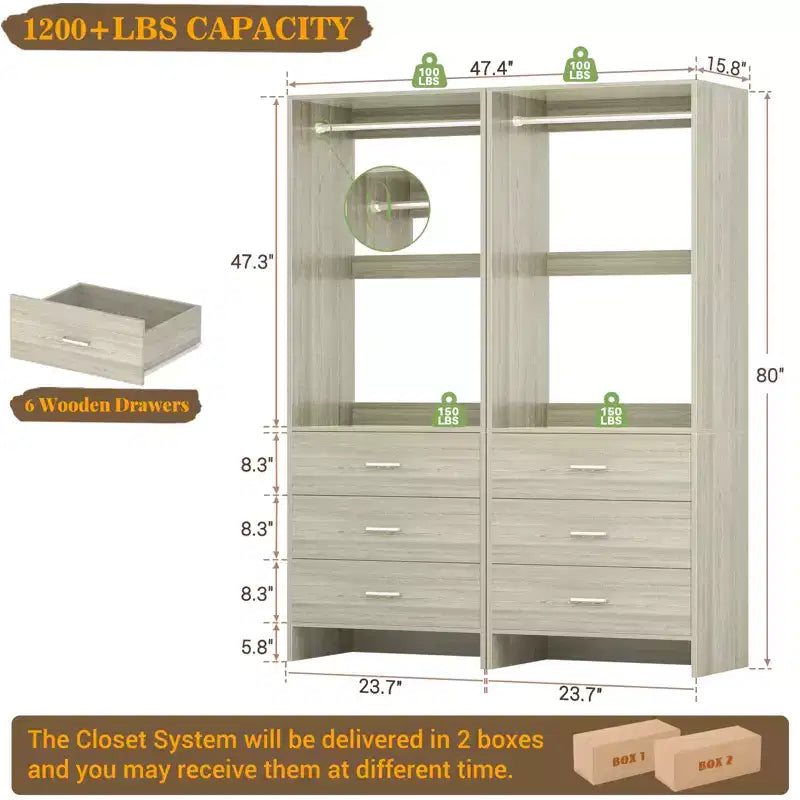 Closet Organizer System with Wooden Drawers, Freestanding Wardrobe with Hanging Rod