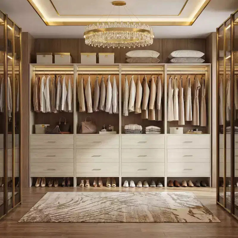 Closet Organizer System with Wooden Drawers, Freestanding Wardrobe with Hanging Rod
