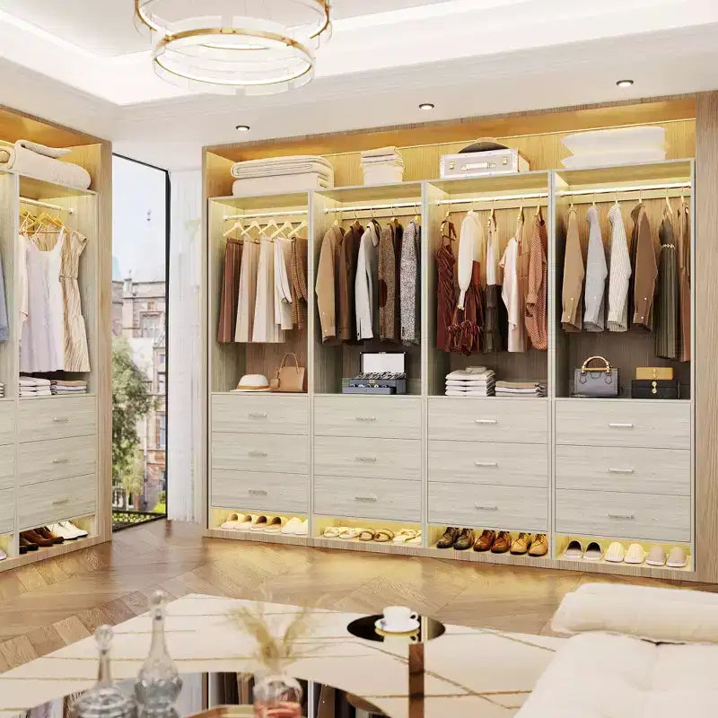 Closet Organizer System with Wooden Drawers, Freestanding Wardrobe with Hanging Rod