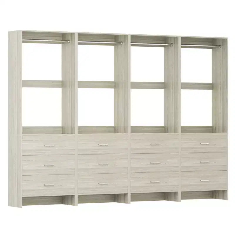 Closet Organizer System with Wooden Drawers, Freestanding Wardrobe with Hanging Rod
