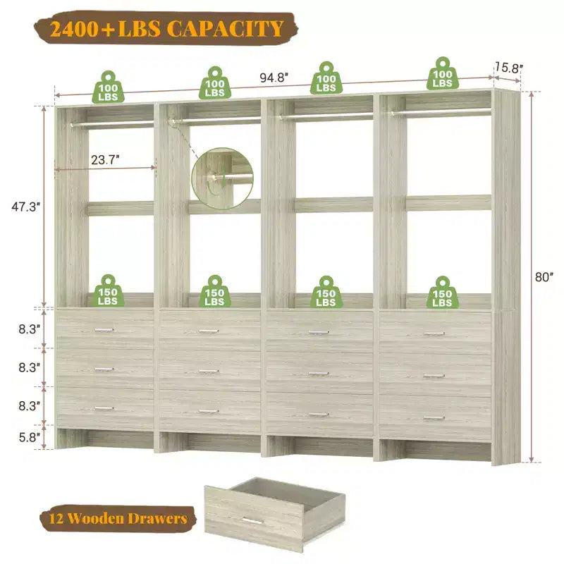 Closet Organizer System with Wooden Drawers, Freestanding Wardrobe with Hanging Rod