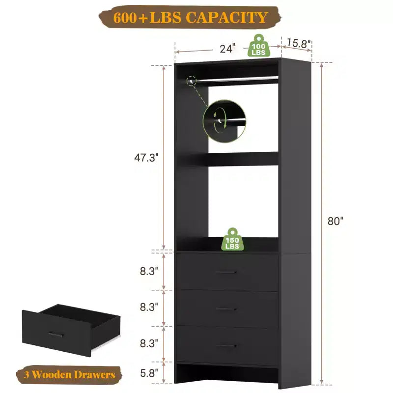 Closet Organizer System with Wooden Drawers, Freestanding Wardrobe with Hanging Rod