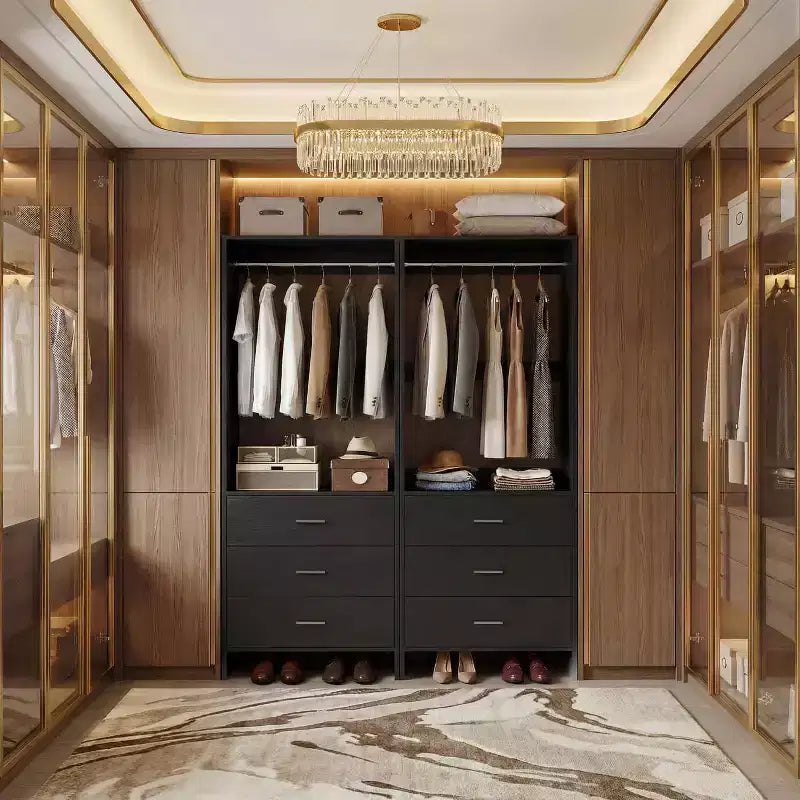 Closet Organizer System with Wooden Drawers, Freestanding Wardrobe with Hanging Rod