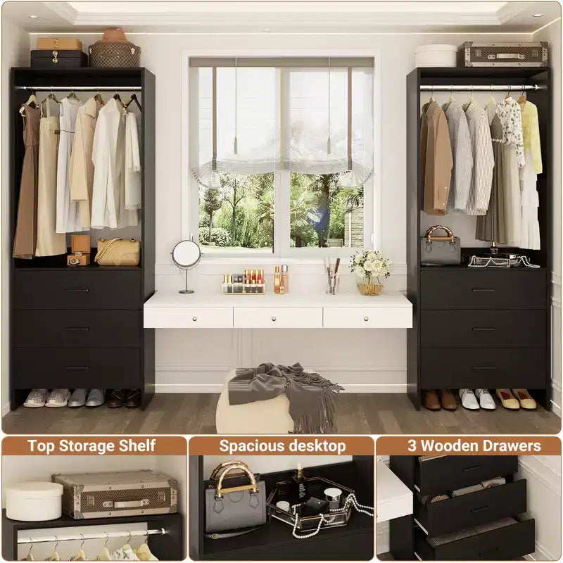 Closet Organizer System with Wooden Drawers, Freestanding Wardrobe with Hanging Rod