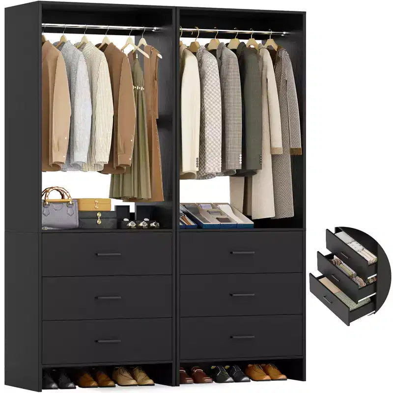 Closet Organizer System with Wooden Drawers, Freestanding Wardrobe with Hanging Rod