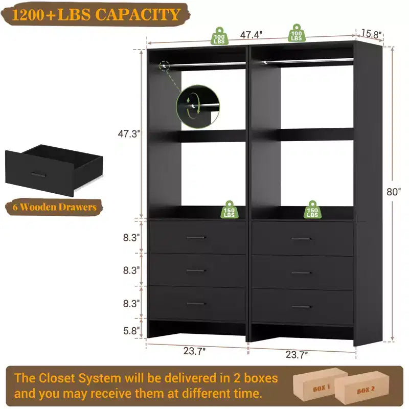 Closet Organizer System with Wooden Drawers, Freestanding Wardrobe with Hanging Rod