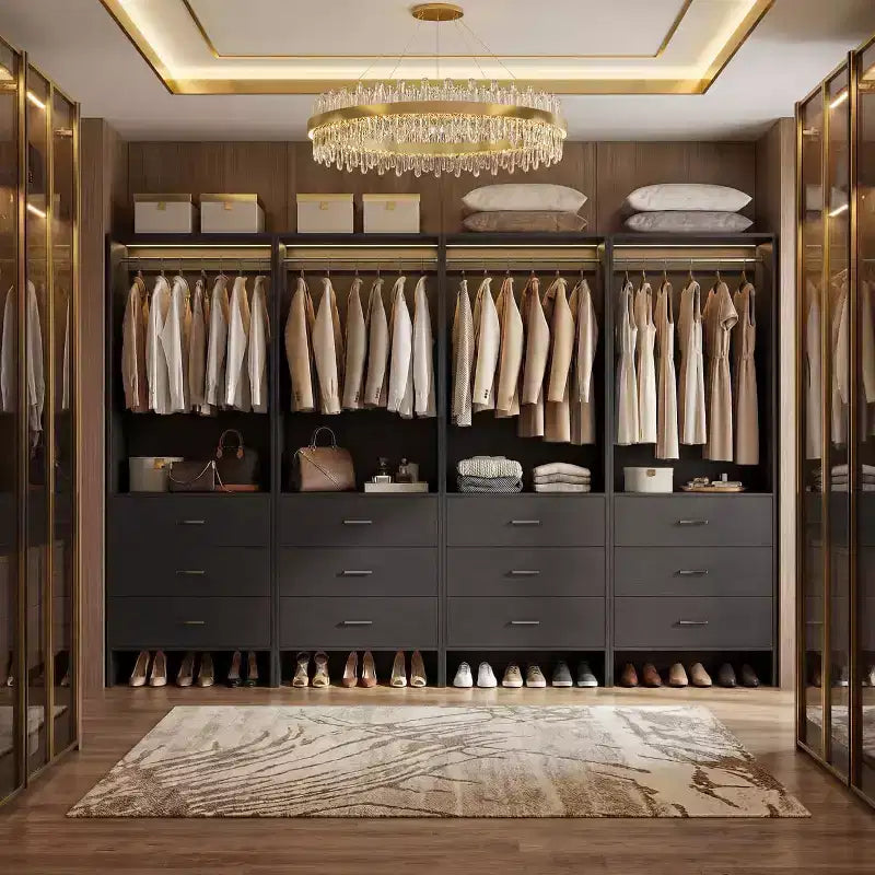 Closet Organizer System with Wooden Drawers, Freestanding Wardrobe with Hanging Rod