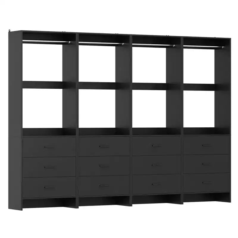 Closet Organizer System with Wooden Drawers, Freestanding Wardrobe with Hanging Rod