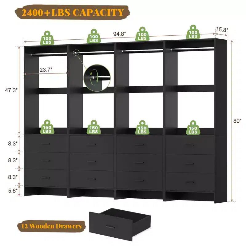 Closet Organizer System with Wooden Drawers, Freestanding Wardrobe with Hanging Rod