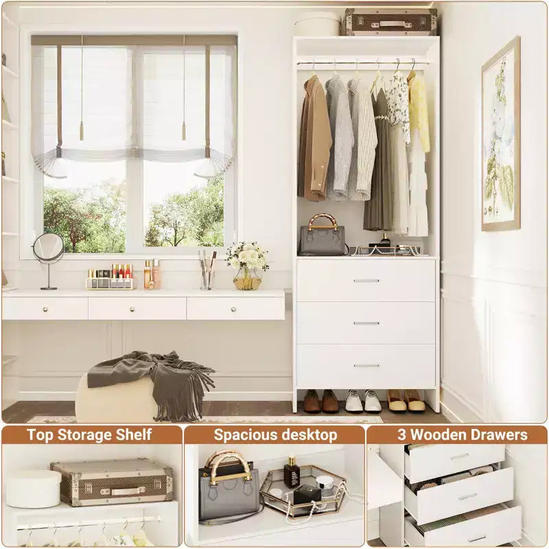 Closet Organizer System with Wooden Drawers, Freestanding Wardrobe with Hanging Rod