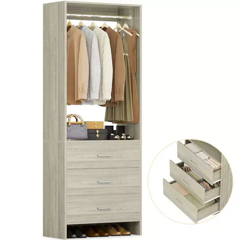 Closet Organizer System with Wooden Drawers, Freestanding Wardrobe with Hanging Rod