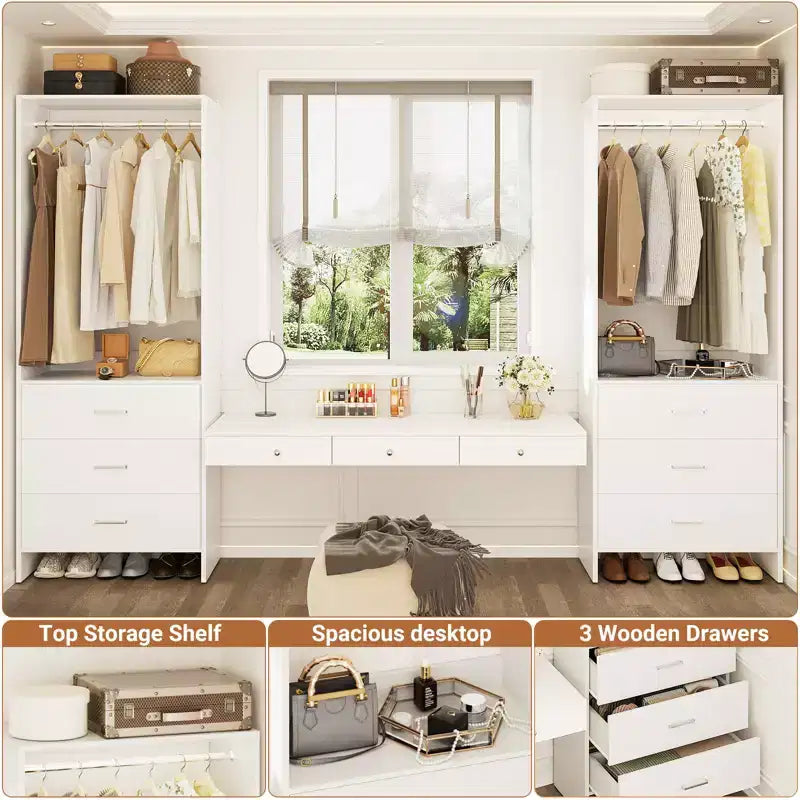 Closet Organizer System with Wooden Drawers, Freestanding Wardrobe with Hanging Rod