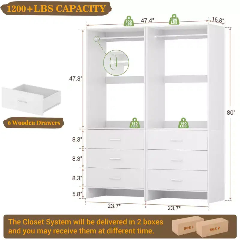 Closet Organizer System with Wooden Drawers, Freestanding Wardrobe with Hanging Rod