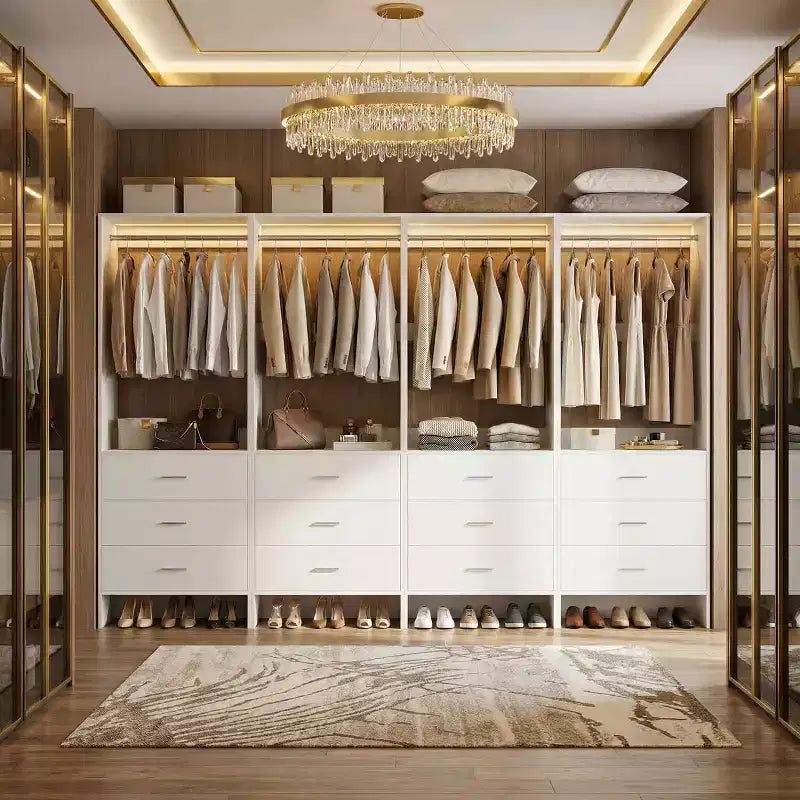 Closet Organizer System with Wooden Drawers, Freestanding Wardrobe with Hanging Rod