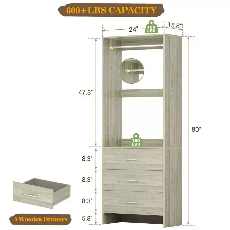Closet Organizer System with Wooden Drawers, Freestanding Wardrobe with Hanging Rod