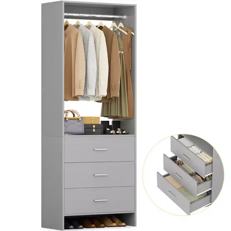 Closet Organizer System with Wooden Drawers, Freestanding Wardrobe with Hanging Rod