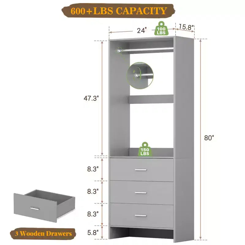 Closet Organizer System with Wooden Drawers, Freestanding Wardrobe with Hanging Rod