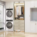 Besiost Closet Organizer System with Wooden Drawers, Freestanding Wardrobe with Hanging Rod