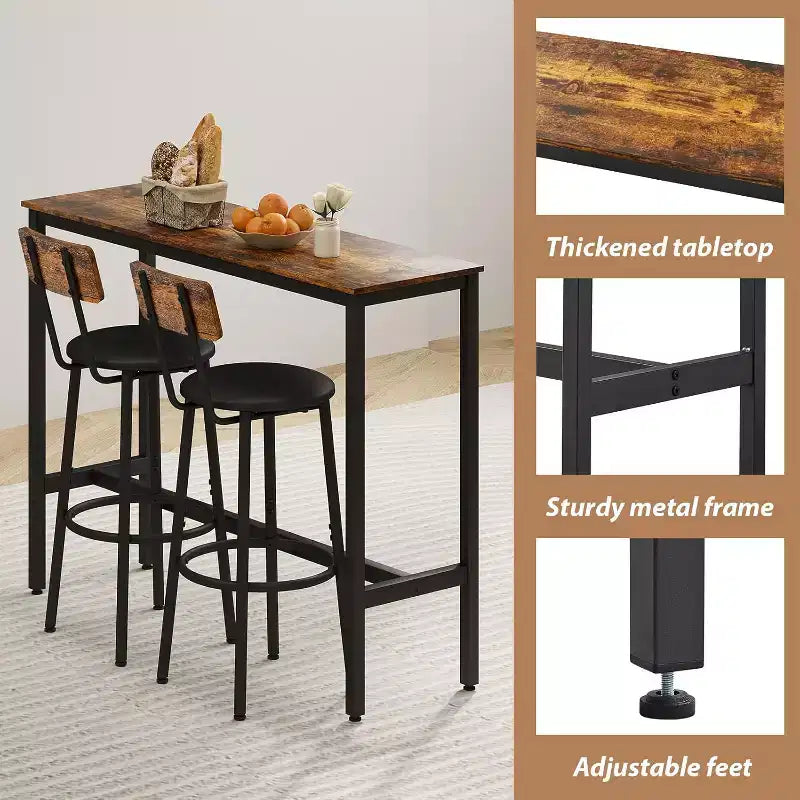 3-Piece Counter Height Table Set, 31.5 Pub Table with 2 Stools, Space-Saving Kitchen Dining Set for Small Spaces, Brown