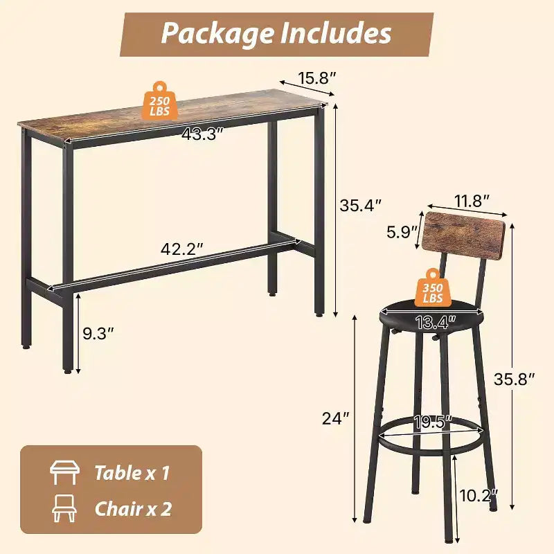 3-Piece Counter Height Table Set, 31.5 Pub Table with 2 Stools, Space-Saving Kitchen Dining Set for Small Spaces, Brown
