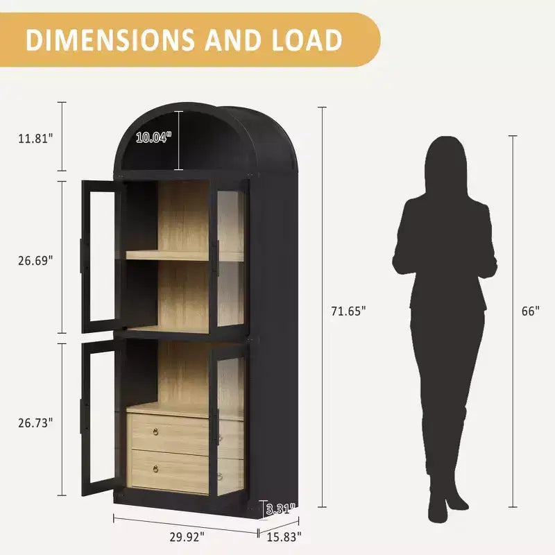 Libreria alta ad arco, 182 cm, con 2 cassetti interni, mobile contenitore indipendente con dispositivo antiribaltamento, adatta per soggiorno, camera da letto
