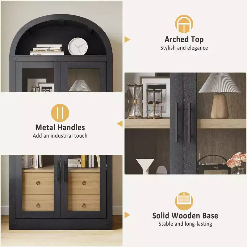Libreria alta ad arco, 182 cm, con 2 cassetti interni, mobile contenitore indipendente con dispositivo antiribaltamento, adatta per soggiorno, camera da letto