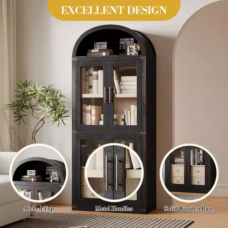 Libreria alta ad arco, 182 cm, con 2 cassetti interni, mobile contenitore indipendente con dispositivo antiribaltamento, adatta per soggiorno, camera da letto
