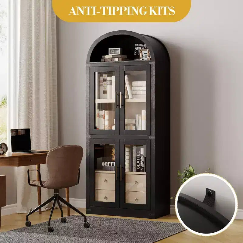 Libreria alta ad arco, 182 cm, con 2 cassetti interni, mobile contenitore indipendente con dispositivo antiribaltamento, adatta per soggiorno, camera da letto