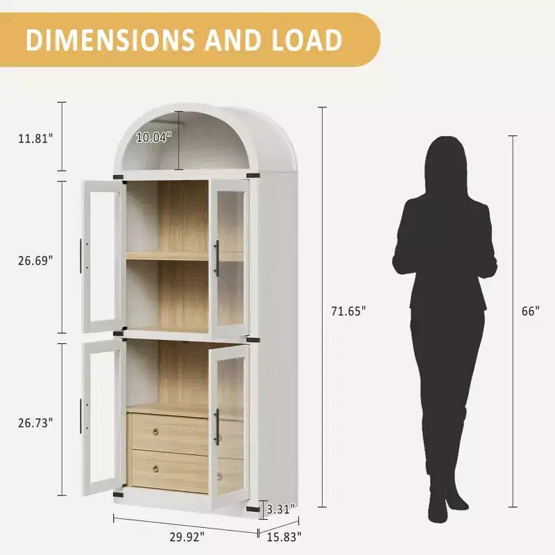 Libreria alta ad arco, 182 cm, con 2 cassetti interni, mobile contenitore indipendente con dispositivo antiribaltamento, adatta per soggiorno, camera da letto