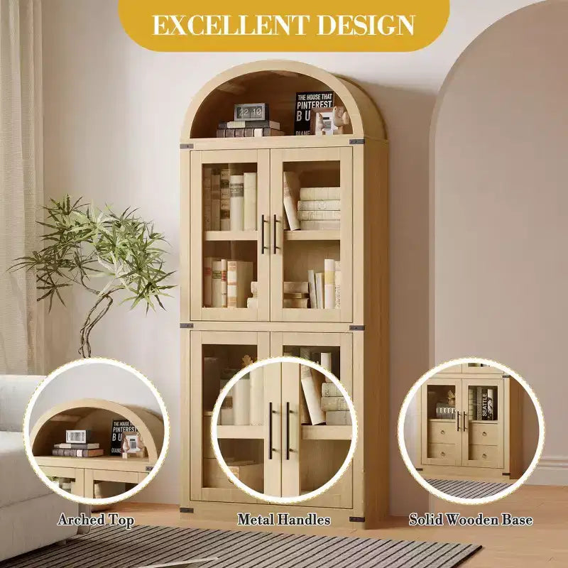 Libreria alta ad arco, 182 cm, con 2 cassetti interni, mobile contenitore indipendente con dispositivo antiribaltamento, adatta per soggiorno, camera da letto