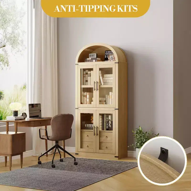 Libreria alta ad arco, 182 cm, con 2 cassetti interni, mobile contenitore indipendente con dispositivo antiribaltamento, adatta per soggiorno, camera da letto