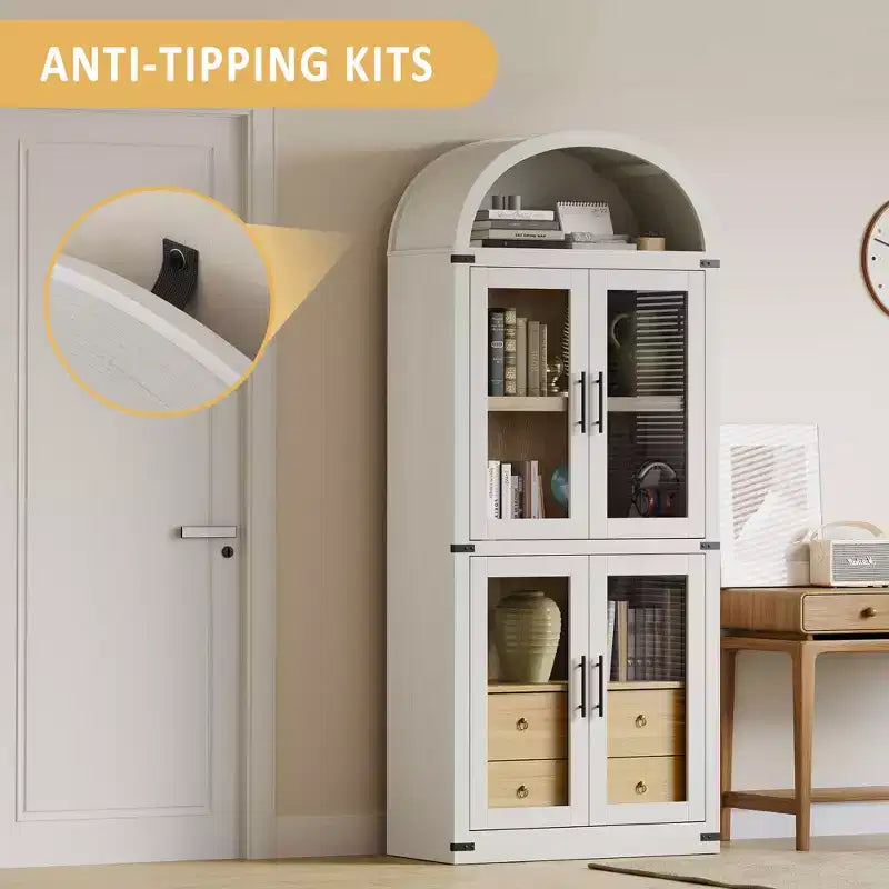 Libreria alta ad arco, 182 cm, con 2 cassetti interni, mobile contenitore indipendente con dispositivo antiribaltamento, adatta per soggiorno, camera da letto