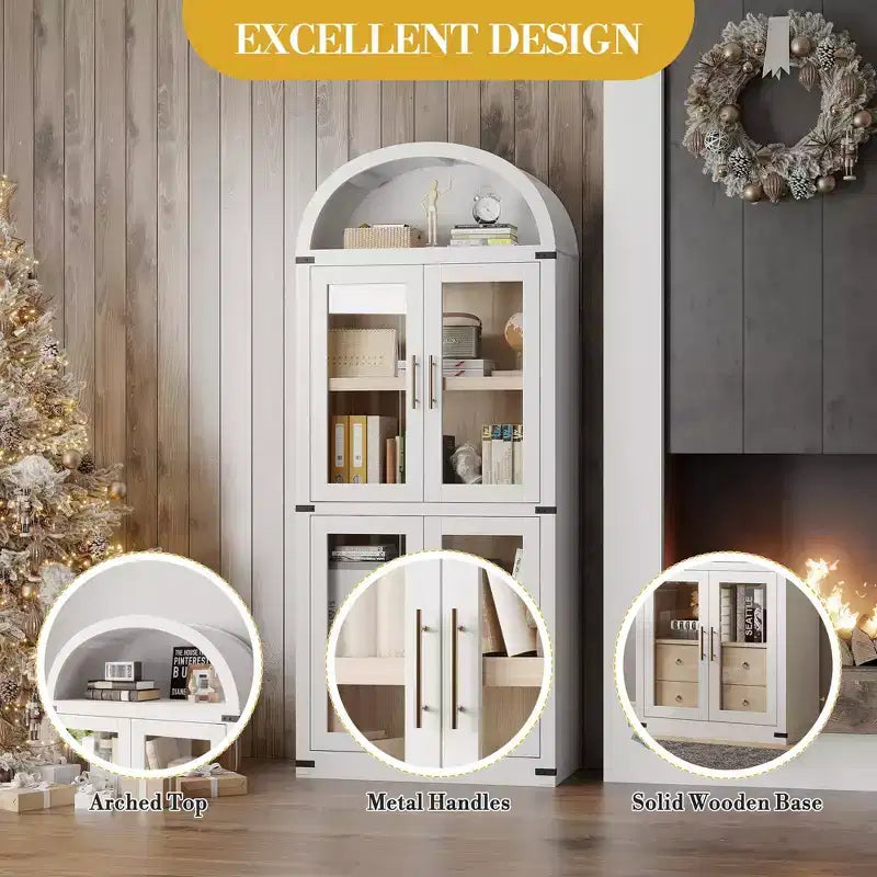 Libreria alta ad arco, 182 cm, con 2 cassetti interni, mobile contenitore indipendente con dispositivo antiribaltamento, adatta per soggiorno, camera da letto