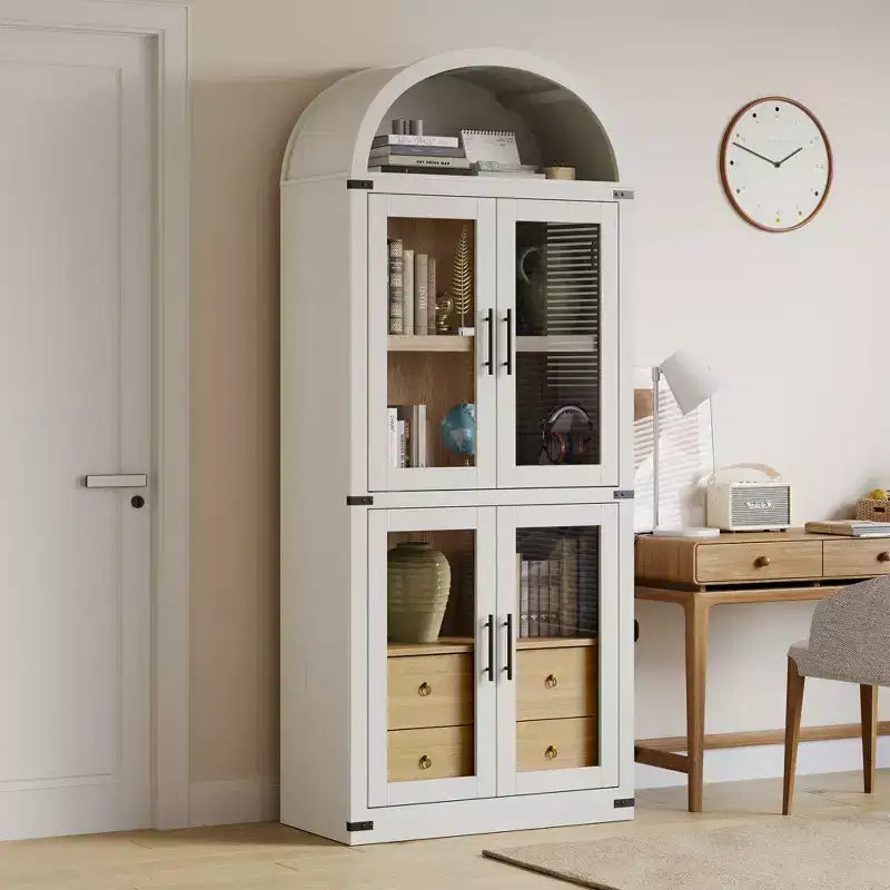 High arched bookcase, 71.7 inches, with 2 inner drawers, freestanding storage cabinet with anti-tip device, suitable for living room, bedroom