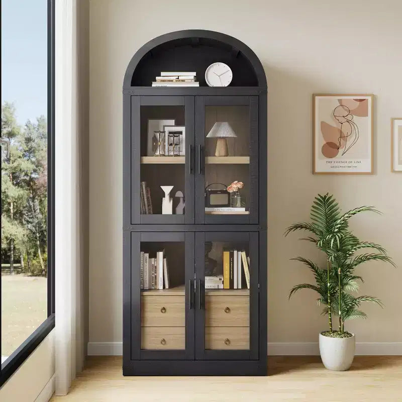 Libreria alta ad arco, 182 cm, con 2 cassetti interni, mobile contenitore indipendente con dispositivo antiribaltamento, adatta per soggiorno, camera da letto