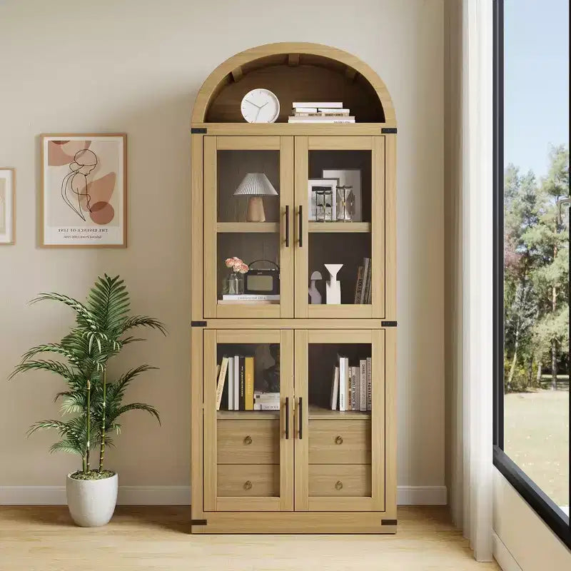 Libreria alta ad arco, 182 cm, con 2 cassetti interni, mobile contenitore indipendente con dispositivo antiribaltamento, adatta per soggiorno, camera da letto