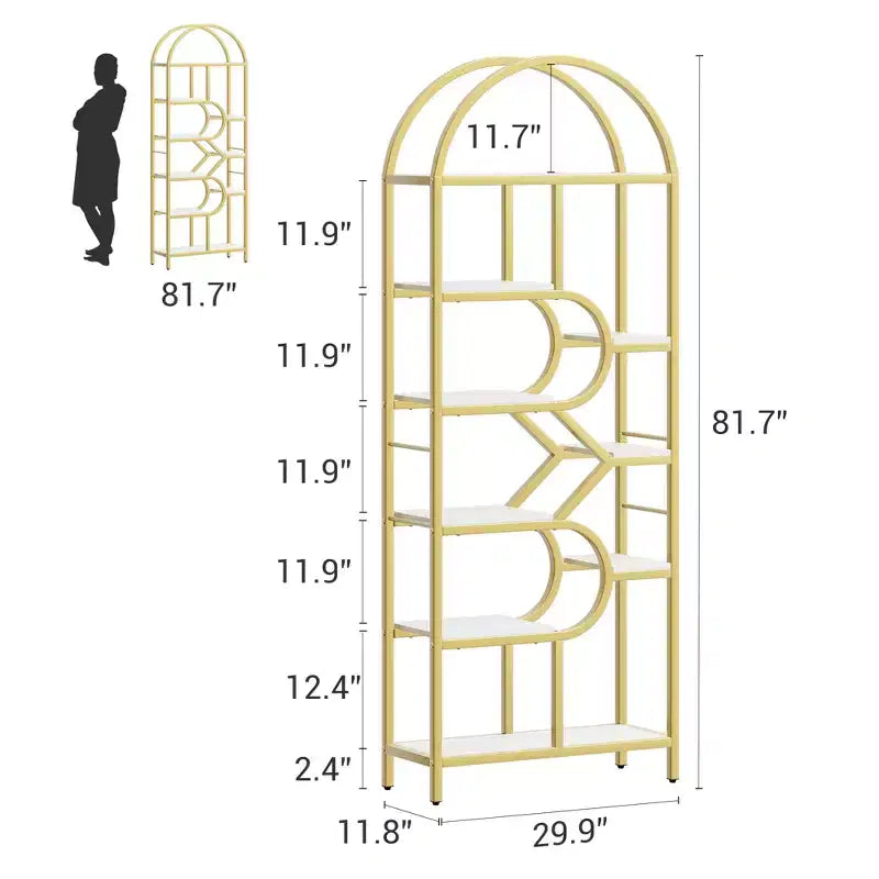 Libreria a 6 ripiani, Libreria di lusso ad arco, Design moderno in metallo e legno, Adatta per soggiorno, ufficio e camera da letto