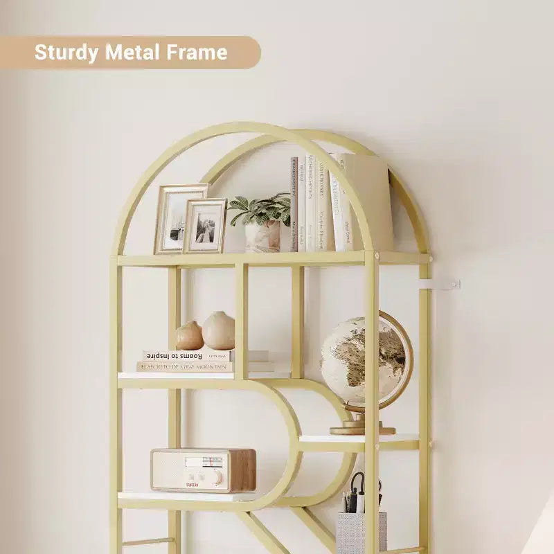 Libreria a 6 ripiani, Libreria di lusso ad arco, Design moderno in metallo e legno, Adatta per soggiorno, ufficio e camera da letto