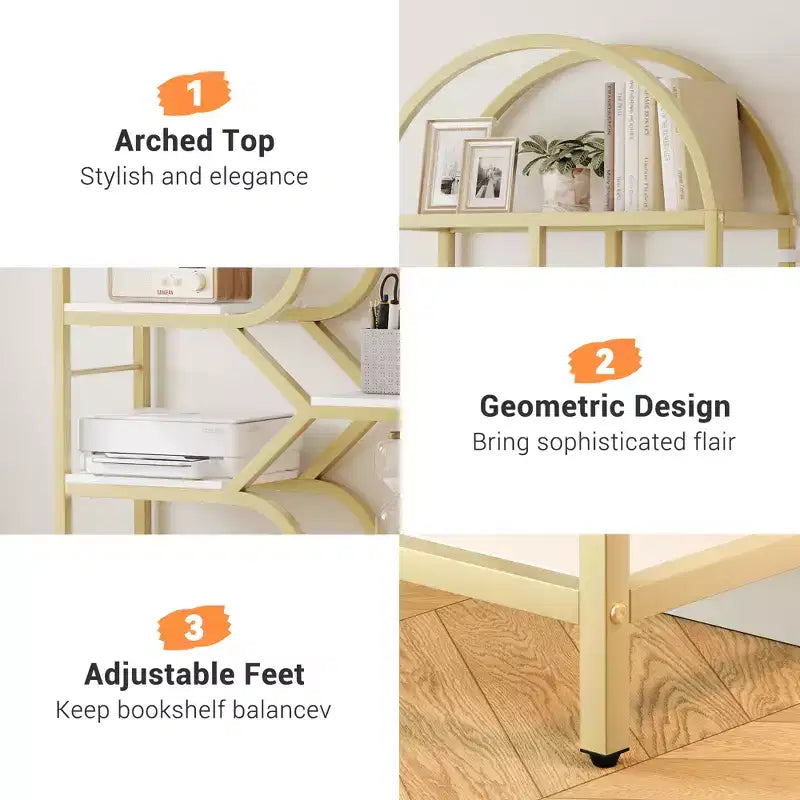 Libreria a 6 ripiani, Libreria di lusso ad arco, Design moderno in metallo e legno, Adatta per soggiorno, ufficio e camera da letto