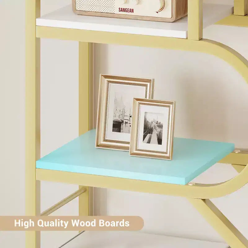 Libreria a 6 ripiani, Libreria di lusso ad arco, Design moderno in metallo e legno, Adatta per soggiorno, ufficio e camera da letto