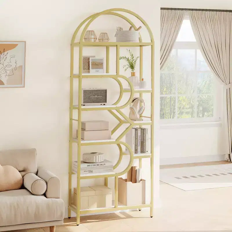 Libreria a 6 ripiani, Libreria di lusso ad arco, Design moderno in metallo e legno, Adatta per soggiorno, ufficio e camera da letto