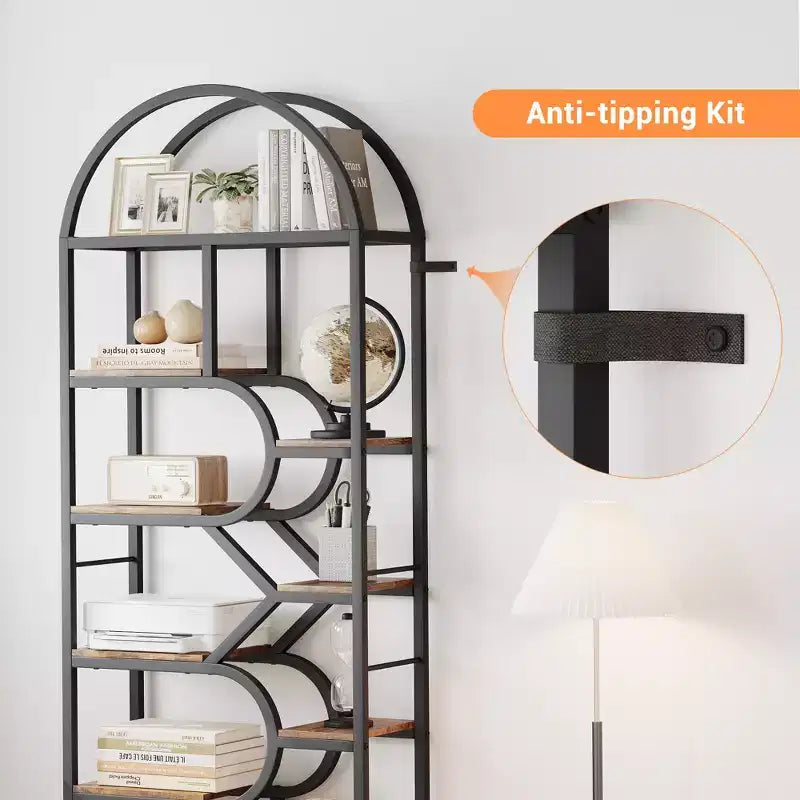 Libreria a 6 ripiani, Libreria di lusso ad arco, Design moderno in metallo e legno, Adatta per soggiorno, ufficio e camera da letto
