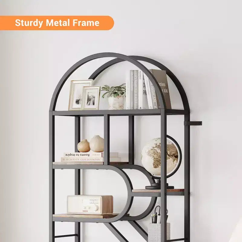 Libreria a 6 ripiani, Libreria di lusso ad arco, Design moderno in metallo e legno, Adatta per soggiorno, ufficio e camera da letto