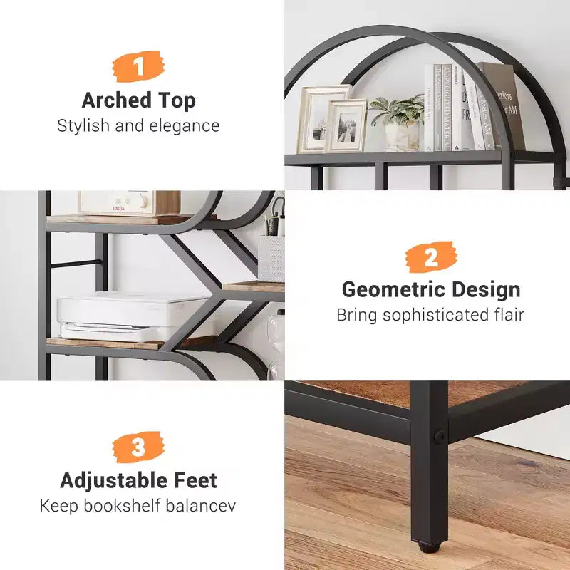 Libreria a 6 ripiani, Libreria di lusso ad arco, Design moderno in metallo e legno, Adatta per soggiorno, ufficio e camera da letto