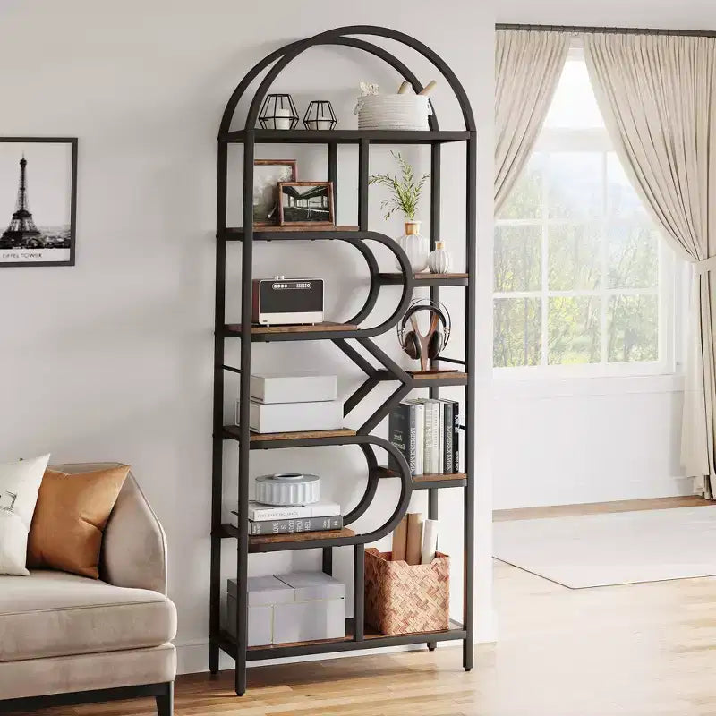 Libreria a 6 ripiani, Libreria di lusso ad arco, Design moderno in metallo e legno, Adatta per soggiorno, ufficio e camera da letto