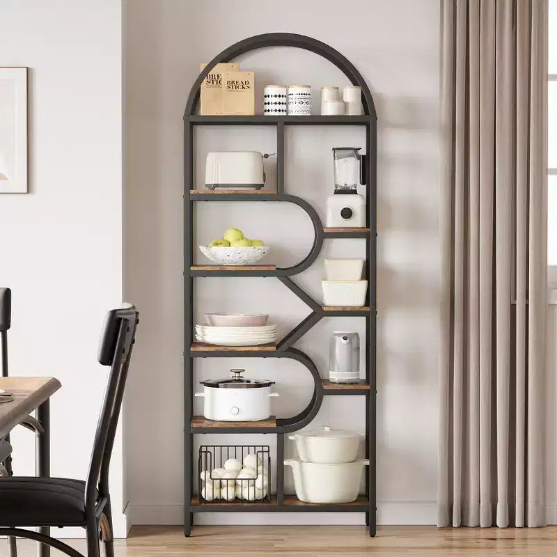 6-Tier Bookshelf, Luxury Arched Bookcase, Modern Decorative Metal and Wood Design, Suitable for Living Room, Office and Bedroom