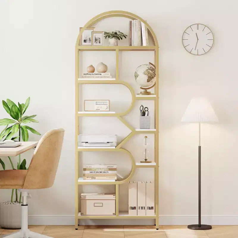 Libreria a 6 ripiani, Libreria di lusso ad arco, Design moderno in metallo e legno, Adatta per soggiorno, ufficio e camera da letto