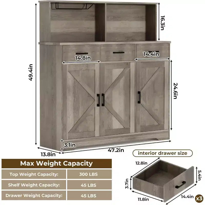 Credenza da fattoria con supporto per microonde, mobiletto portaoggetti con ante scorrevoli e cassetti, mobile bar in legno per cucina